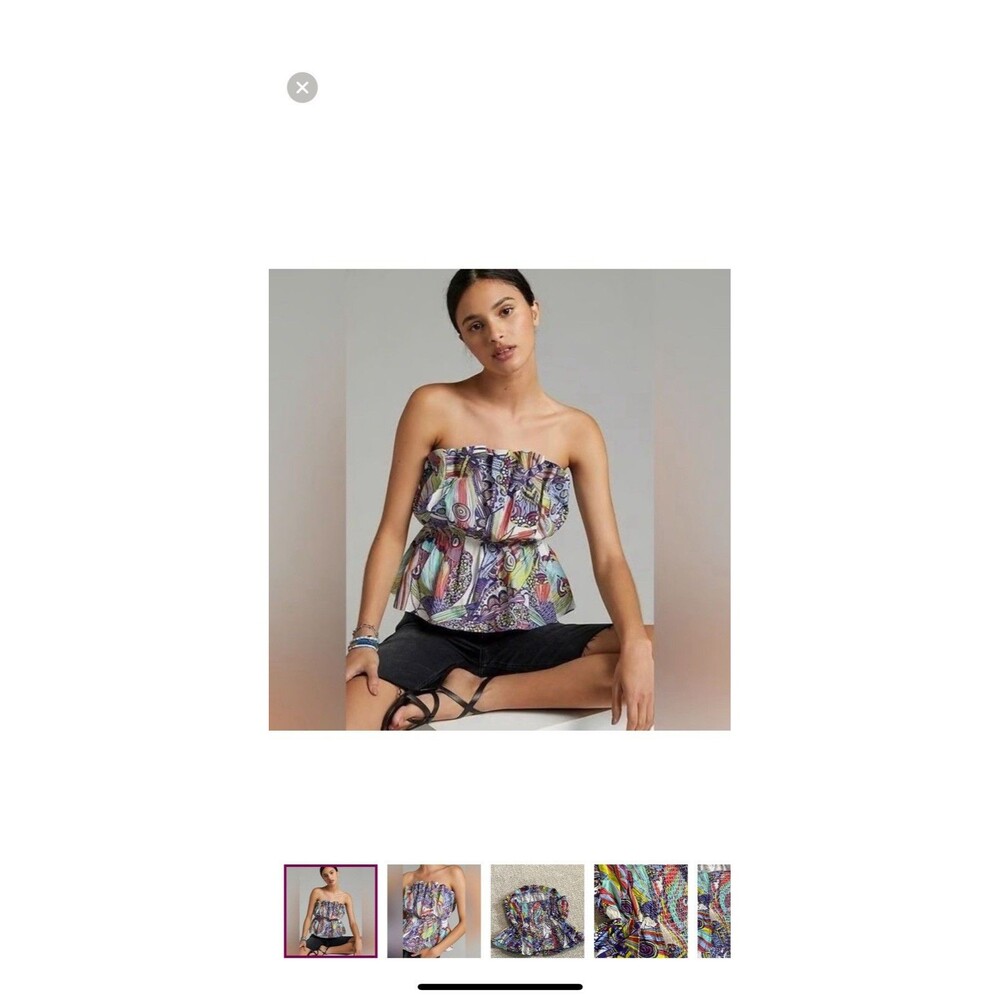 Anthropologie Strapless Smocked Ruffle Blouse Multicolor Cotton Abstract XS